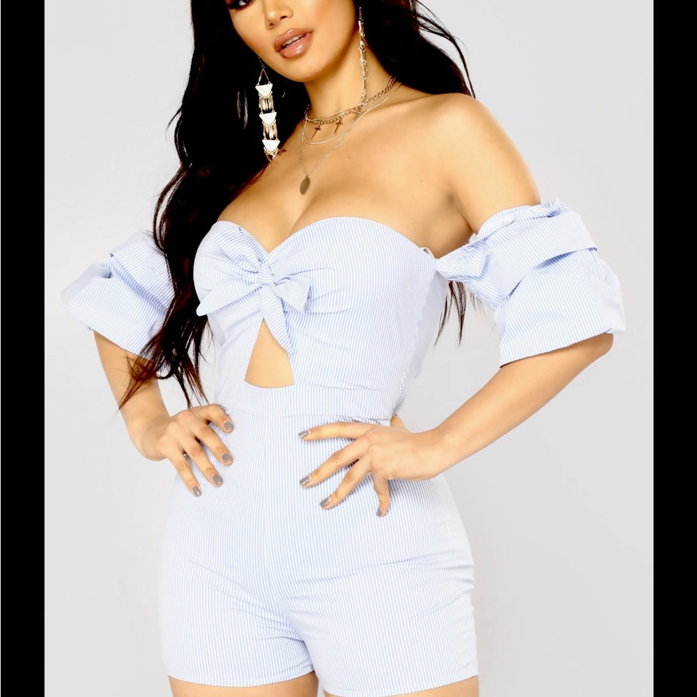 Fashion Nova Deep Sea Stripe Romper Blue/White Puff Sleeve